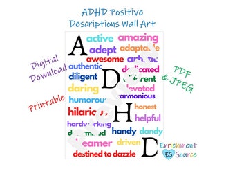 ADHD Wall Art, Positive Sign, ADHD Poster, ADHD Words Decoration, Counselor Wall Art, Lifestyle, Learning Disability Sign, Psychology Art