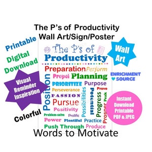 May include: A colorful printable poster with the words "The P's of Productivity" and a list of words related to productivity, such as "Preparation", "Prioritize", "Passion", and "Push Through". The poster is designed to be a visual reminder and source of inspiration for staying productive.