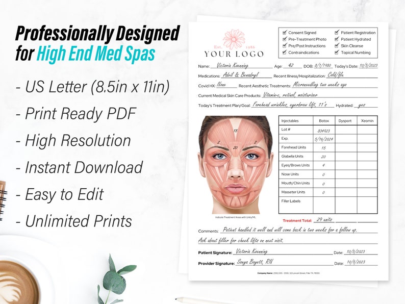 Botox and Dermal Filler Treatment Record Form, Nurse Injector Template