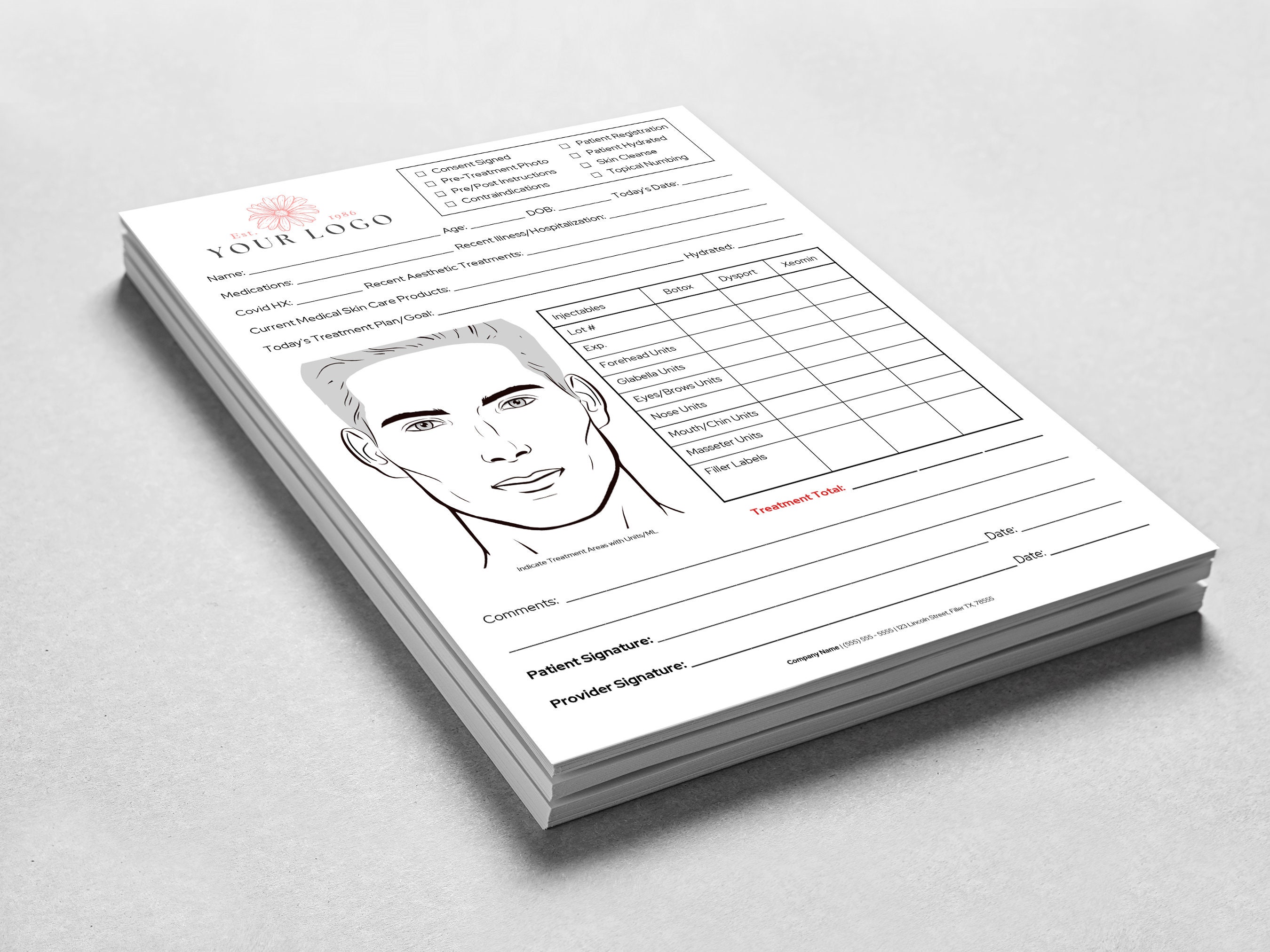 Botox and Dermal Filler Treatment Record Form Male, Nurse Injector ...