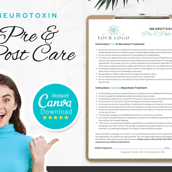 Botox Pre and Post Care Instructions, Botox Aftercare, Esthetician Cosmetic Form for Neurotoxins,  Canva Editable Medical Spa PDF, Dysport