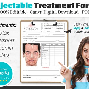 May include: A printable treatment form for injectables such as Botox, Dysport, Xeomin, and fillers. The form includes sections for patient information, treatment details, and a signature area. The form is designed to be easily customised with your own logo and colours.