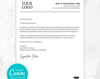 Doctor&#39;s Excuse Letter Template, Doctor&#39;s Note Canva Template, Canva Digital Download, Dr Excuse Note, Editable Dr Note for Work & School