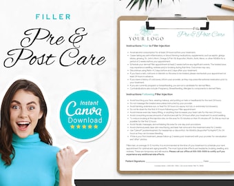 Filler Pre and Post Care Instructions, Filler Aftercare, Esthetician Cosmetic Form for Fillers,  Canva Editable Medical Spa PDF, Lip Filler