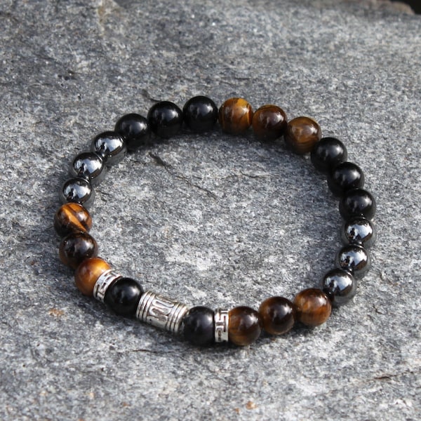 Bracelet de Protection Oeil de Tigre, Obsidienne et Hématite 8mm Homme