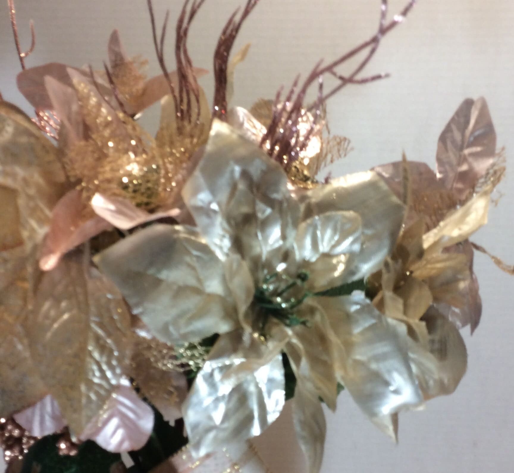 Rose Gold Christmas Graveside Flowers, Poinsettia Cemetery Vase