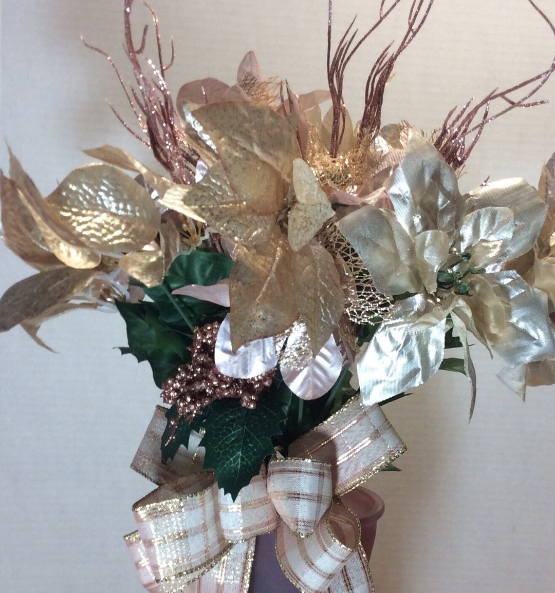 Rose Gold Christmas Graveside Flowers, Poinsettia Cemetery Vase