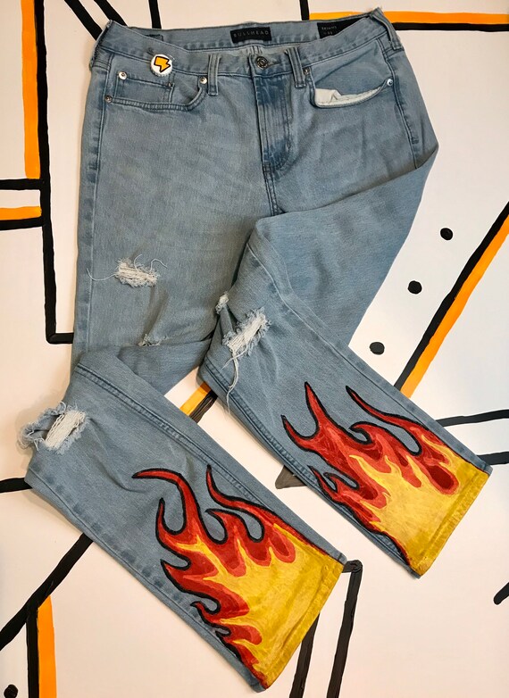 Mens Flame Jeans Handpainted Custom Denim | Etsy