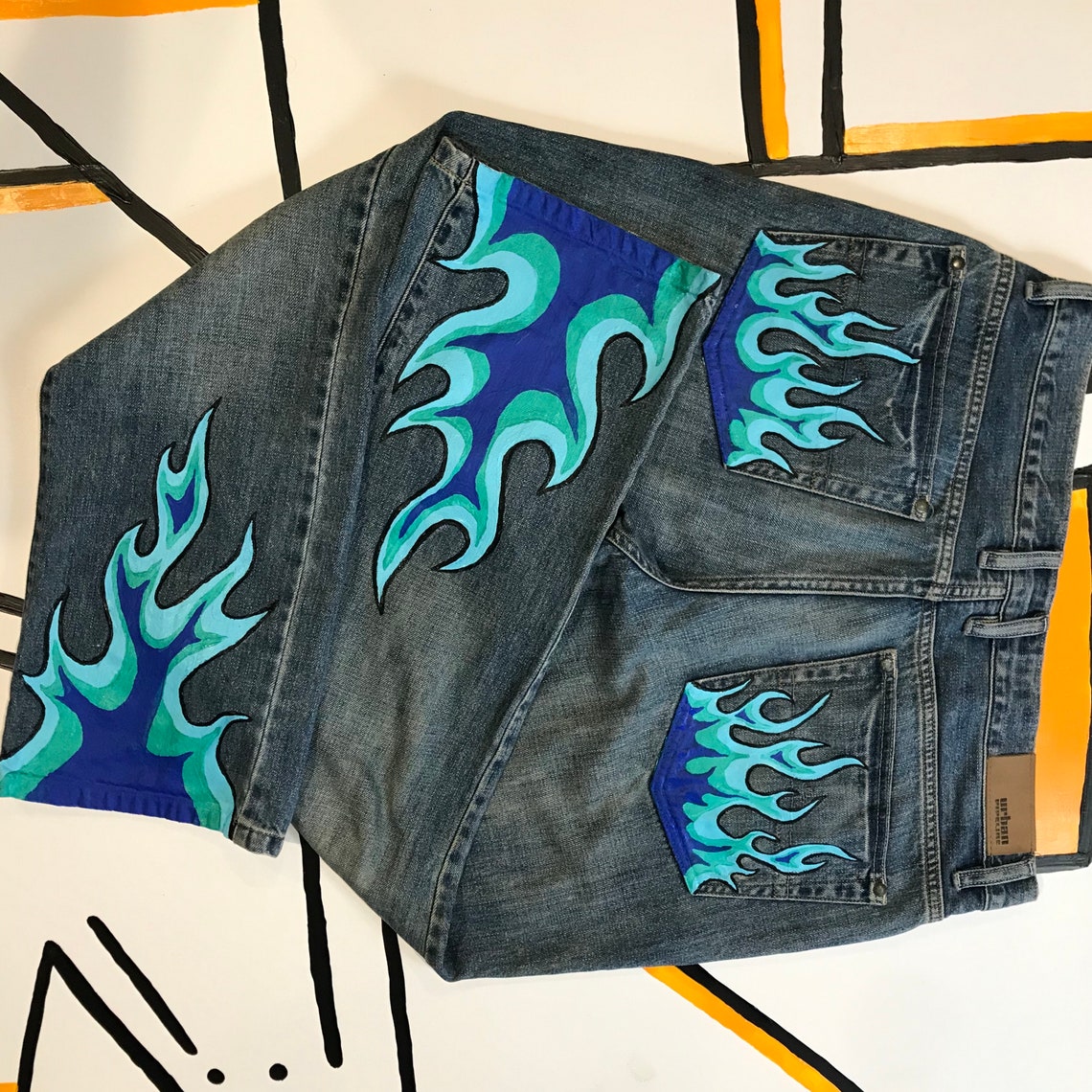Blue flame Jeans Custom Hand Painted Denim | Etsy