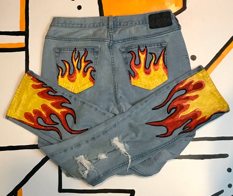 Mens Flame Jeans Handpainted Custom Denim | Etsy