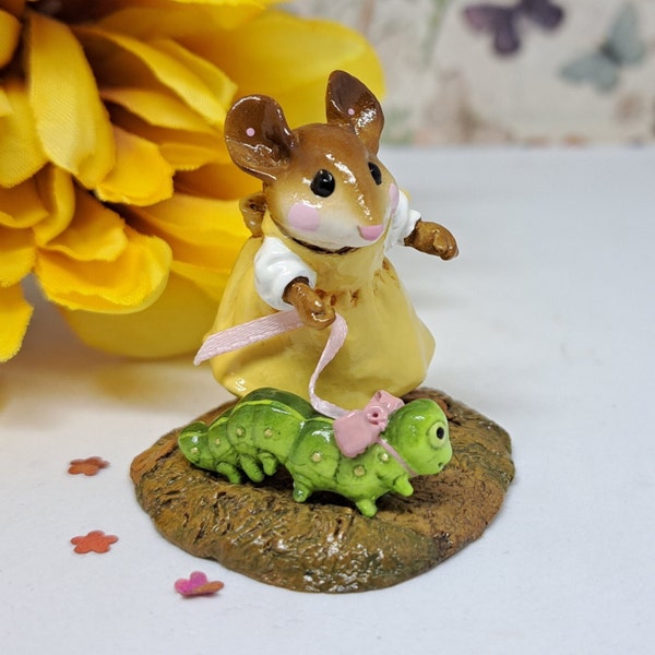 Wee Forest Folk M-280 Best in Show (Yellow) - Miniature Mouse Figurine Walking a Caterpillar