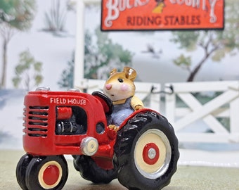 Wee Forest Folk M-133 Field Mouse on Red Tractor, Miniature Mouse Farm Figurine