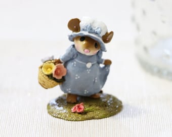 Wee Forest Folk M-346 My Little Yellow Basket, Retired Miniature Mouse Figurine in Blue Dress