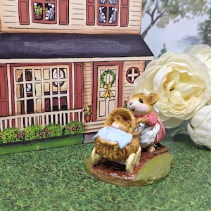 Wee Forest Folk M-128 Strolling with Baby in Blue, Vintage Miniature Mouse Figurine, Baby Shower Gift for Boy, Gift for New Mom