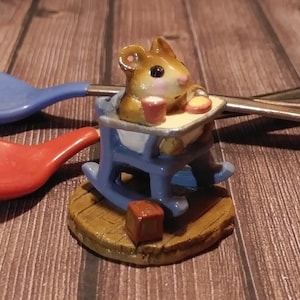Wee Forest Folk M-103 Rocking Tot in Blue High Chair, Miniature Mouse Figurine, Baby Shower Gift