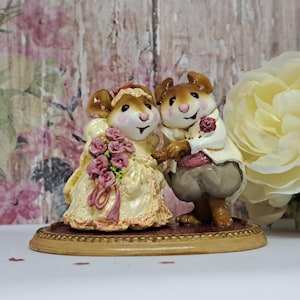 Wee Forest Folk M-200 The Wedding Pair (Antique Ivory Dress and Tux, Pink Bouquet), Miniature Mouse Figurine, Wedding Gift