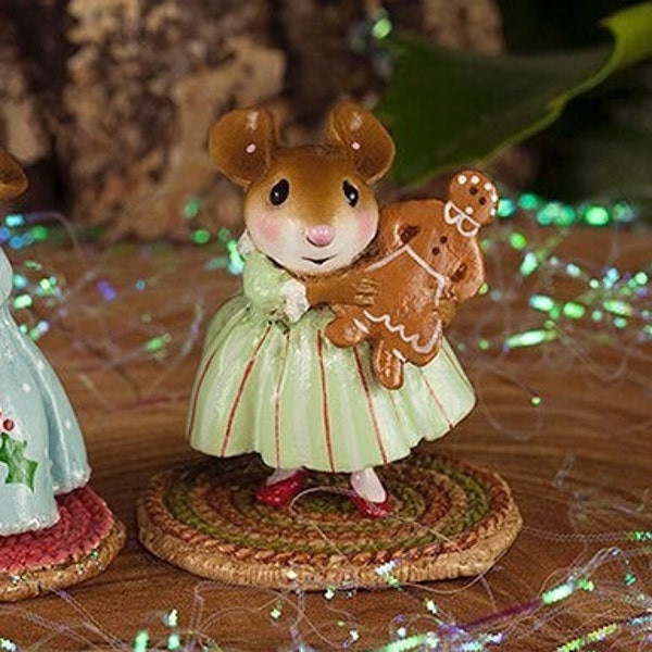 Wee Forest Folk M-499 Gingerbread Girl in Green, Miniature Christmas Mouse Figurine Holding a Gingerbread Cookie