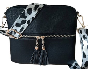 Stunning Black Tassel Crossbody Messenger Bag with Changeable Bag Strap - Gold Hardware