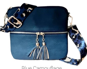 Marineblauwe Crossbody Messenger Bag met kwastjes en verwisselbare tasriem - Gouden hardware