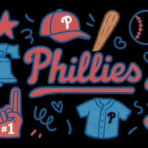 May include: A graphic illustration on a black background featuring baseball-themed elements. Includes a red star, a baseball cap with a "P", a baseball bat, a baseball, the Liberty Bell, the word "Phillies", a jersey, and a "#1" foam finger.