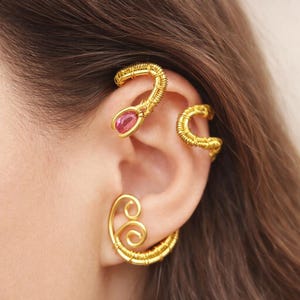 Ear cuff no piercing / brass wire wrape / earring / ruby stone / elf ears / elven ears cosplay / handmade jewelry / gift for woman
