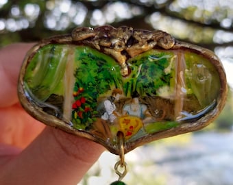 Handgeschilderde miniatuurlandschapsbroche – Romantische scène sieraden – Vintage stijl kunstbroche – Uniek handgemaakt cadeau