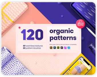 May include: A digital illustration of 120 organic patterns, including 60 seamless textures and 60 pattern brushes. The image features a pink and purple background with a white rectangle in the centre. The text "120 organic patterns" is displayed in the centre of the rectangle. The text "60 seamless textures" and "60 pattern brushes" are displayed below the main text. The image also includes icons for Adobe Illustrator, Photoshop, Figma, and Affinity Designer.