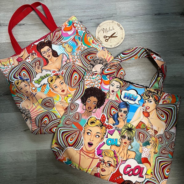 Stoffbeutel Einkaufsbeutel Beutel Tasche unikat Shopper Tragetasche genäht Pin Up Girls umweltbewusst mit  Rockabilly retro Tote Bag