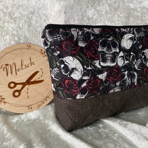 Täschchen Kosmetiktasche Kulturtasche Maskentasche Portemonnaie schminktasche Rosen schwarz  Rockabilly Skull Totenkopf