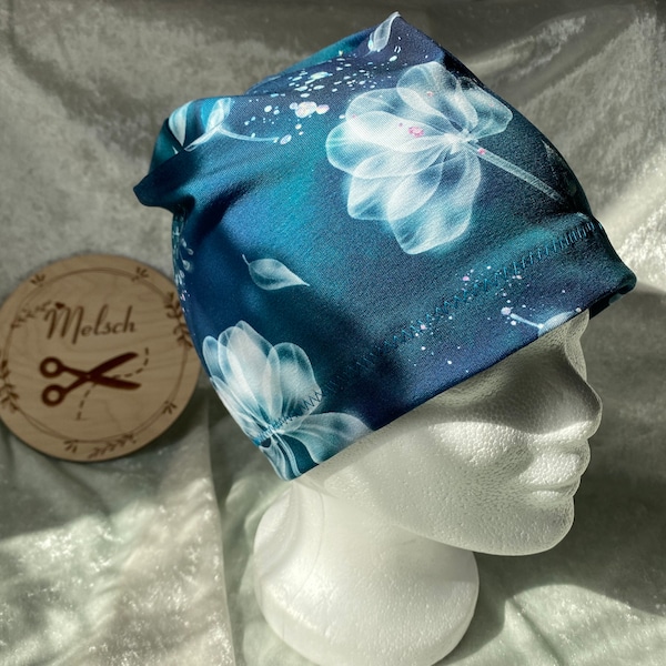 Mütze Beanie Nachtmütze Chemo Schlaf Mütze Chemomütze Chemokopfbedeckung Erwachsene petrol grün blau Blumen FLORAL