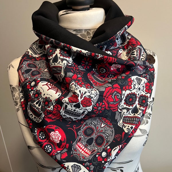 Tuch Wickelschal Dreieckstuch Damen Knopfschal Skull Kirschen Herbst Winter Halstuch SchalTotenkopf Rockabilly