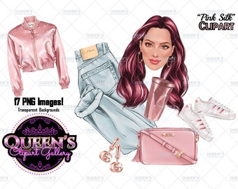 Könnte beinhalten: Eine digitale Illustration einer Frau mit langen roten Haaren, die eine rosa Bomberjacke, blaue Jeans und weiße Turnschuhe trägt. Sie trägt auch eine rosa Handtasche und einen rosa Becher. Das Bild enthält den Text "Pink Silk" und "Clipart".