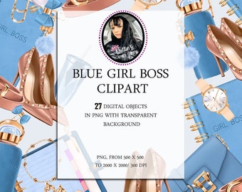 Blue Girl Boss Clipart Fashion girl clipart printable stickers Printable clipart fashion illustration clipart, clipart for planner