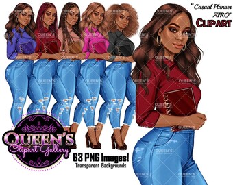 Clipart z dziewczyną z planu Afro: Moda na dżinsy (63 obrazy PNG) (Pobieranie cyfrowe)