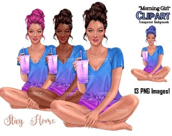 Good morning girl, Monday Morning Clipart, Breakfast Clip Art, Fashion Girl Clipart, Coffee girl clipart, Home clipart, Girl in pajamas png