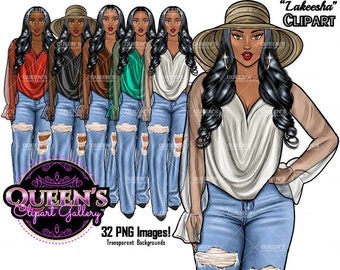 Clipart z dziewczyną w dżinsach: Ilustracja mody afroamerykańskiej kobiety (pobieranie cyfrowe PNG)