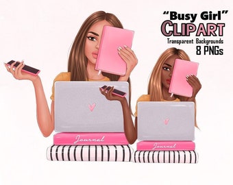 May include: Two illustrations of women working on laptops. Both women are holding pink journals and have a laptop in front of them. The text "Journal" is on the front of the stack of books under each laptop. The text "Busy Girl" CLIPART Transparent Backgrounds 8 PNGs" is at the top of the image.
