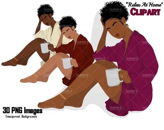 Afro woman relaxing, Afro girl clipart,  Black woman, Black girl magic, Fashion girl clipart, Relax at home, Coffee girl Flat Clipart, Robe