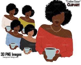 Afro vrouw drinkt koffie, Afro meisje clipart, zwarte vrouw, zwarte meisje magie, mode meisje clipart, ontspannen thuis, koffie meisje, platte clipart