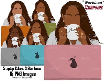 Flat clip art, Woman with Laptop, Afro girl clipart, Black woman clipart, Black girl magic, Fashion girl clipart, Girl boss, Afro Boss Lady