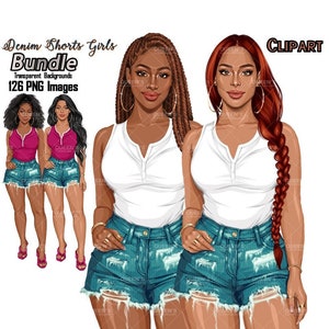 Summer girl clipart, Curvy denim girl, Jeans girl clipart, Girl in shorts, Afro girl clipart, Fashion girl clipart, Girl boss, Fashion woman