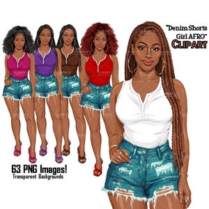 Summer girl clipart, Curvy denim girl, Jeans girl clipart, Girl in shorts, Afro girl clipart, Fashion girl clipart, Girl boss, Fashion woman