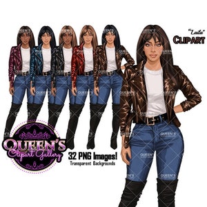 Denim Jeans Mädchen, Jeans Mädchen Clipart, Mode Mädchen Clipart, Mode Clipart, Frau in Lederjacke, kurvige Mädchen Clipart, Denim Mädchen Clipart