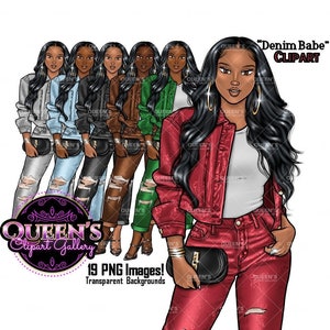Denim Mädchen Clipart, Curvy Mädchen Clipart, Mode Mädchen Clipart, Jeans Mädchen Clipart, Afroamerikaner Clipart, Afro Mädchen Clipart, Girl Boss