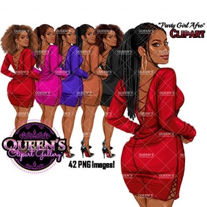 Rückansicht Clipart | Afro Frau im roten Kleid | Elegante Frau | Mode Mädchen Clipart | Mode Illustration Clipart | Kurvige Frau | Schwarzes Mädchen