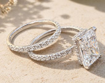 14K Solid Gold 4.50 CT Radiant Cut Moissanite Ring Set Round Eternity Band Bridal Wedding Engagement Ring Promise Ring Unique Radiant Ring