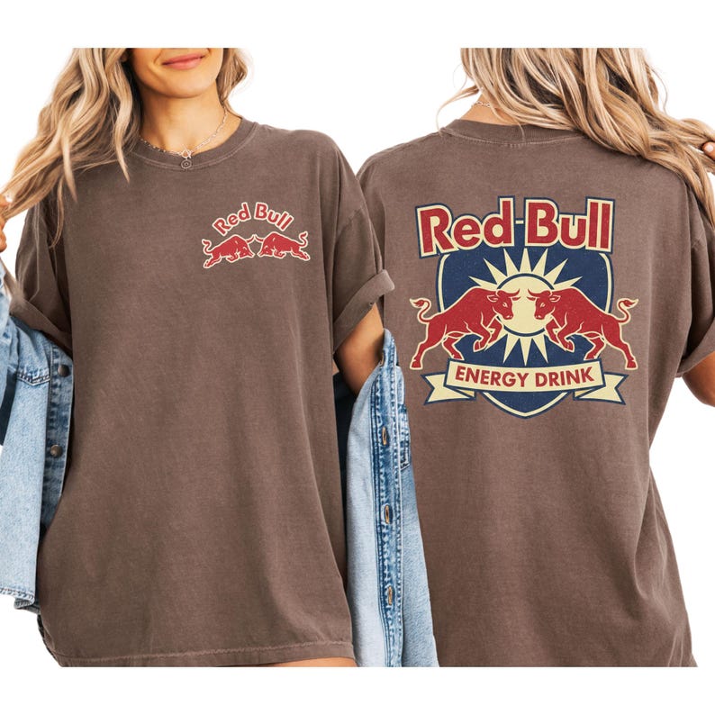 two different views of a woman wearing a brown t-shirt with the Red Bull logo and text on the back.