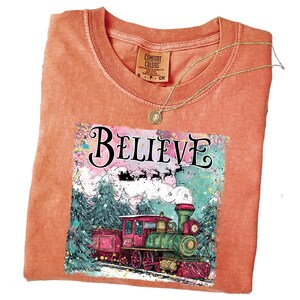 May include: A coral-colored crew neck sweatshirt with the word "BELIEVE" printed on the front. The graphic features a train, trees, and Santa's sleigh. A gold-colored necklace with a pendant is draped over the shirt.