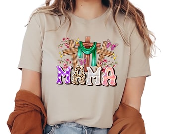 Christian Mama Shirt, Faith Mother's Day Gift, Cross Flowers T-shirt, Religious Mama Tee, Leopard Floral Mother Gift, Easter Mama Clothing