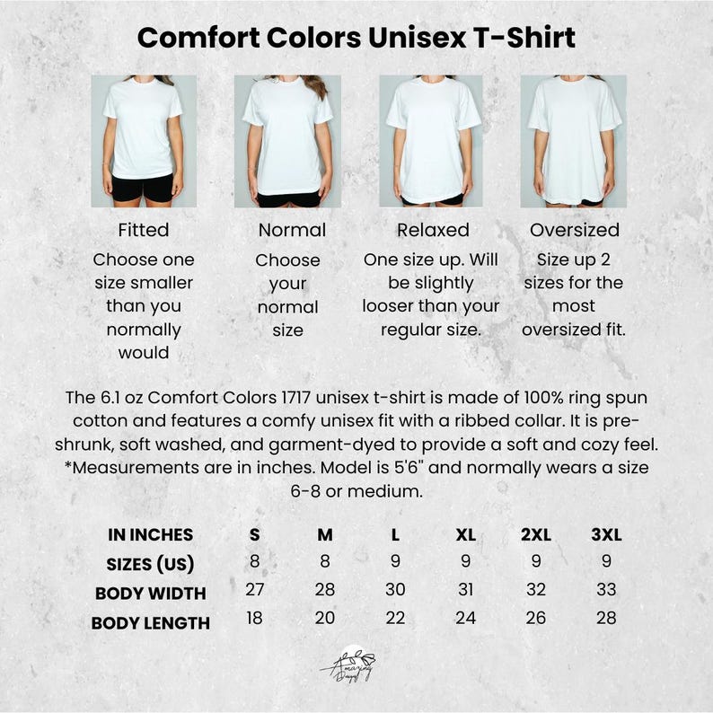 Op de afbeelding: Een maattabel voor een unisex T-shirt gemaakt van 100% ringgesponnen katoen. De tabel toont de afmetingen in inches voor de breedte en lengte van het shirt in de maten S, M, L, XL, 2XL en 3XL. De tabel bevat ook de overeenkomstige Amerikaanse maten voor elke maat.